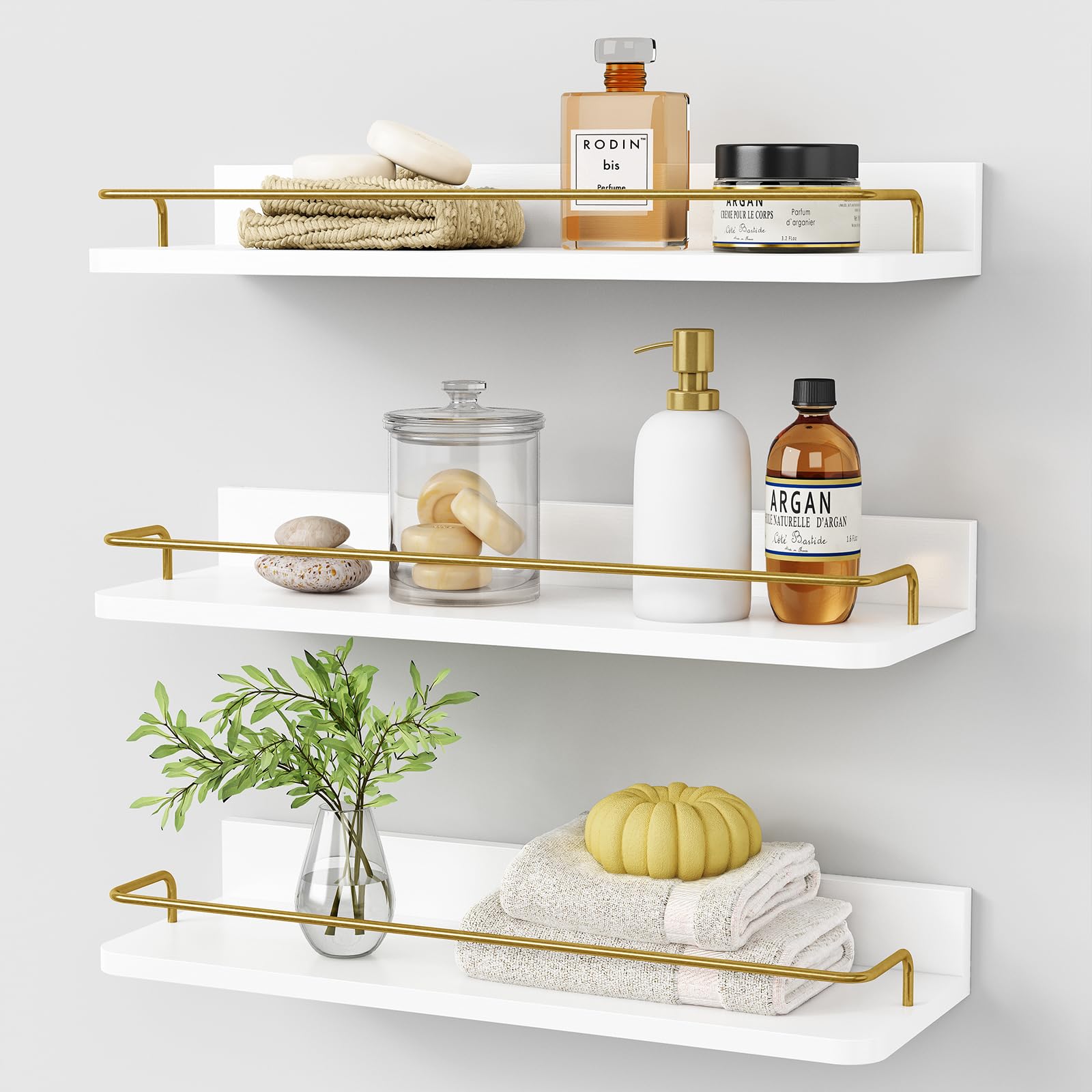 24 Inch White & Gold Floating Shelves, Set of 3 Wall Mount Shelves with Rail for Bathroom Bedroom Living Room