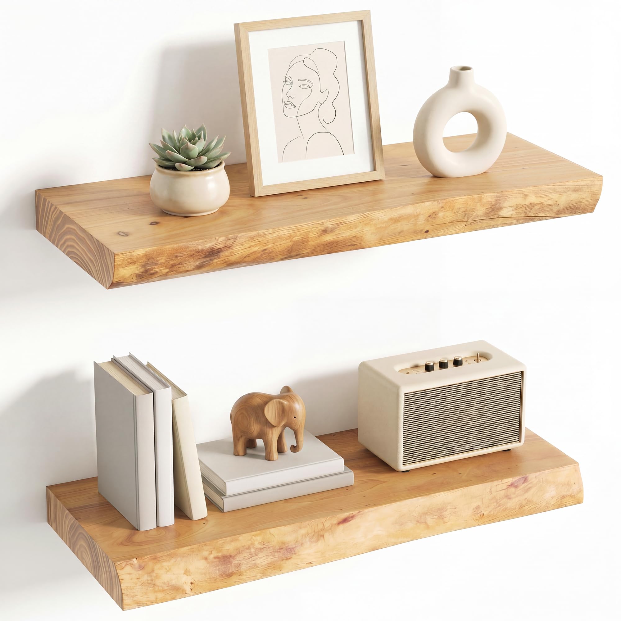 Live Edge Floating Shelves for Wall Decor, Solid Elm Wood Floating Shelves Wall Mounted, Rustic Wall Shelves with Invisible Bracket for Living Room Bathroom Bedroom Kitchen, 24 Inch Set of 2, Natural