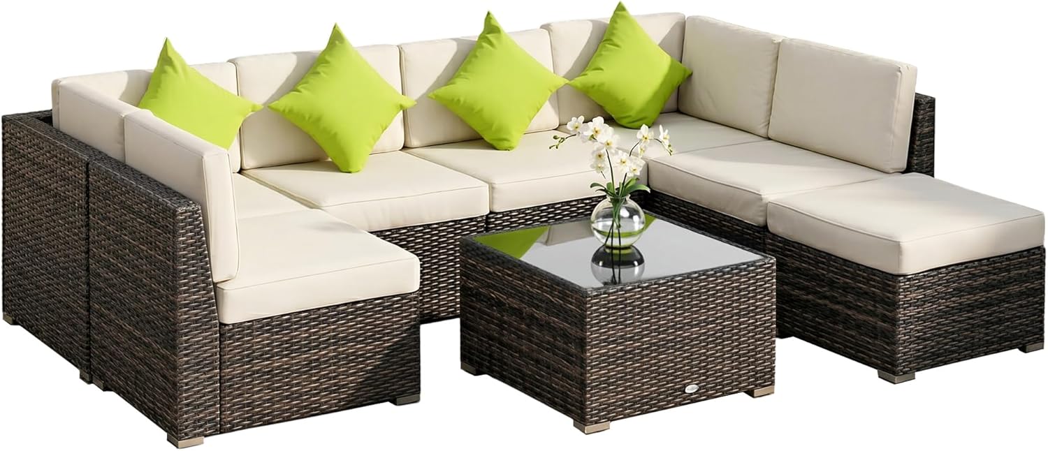 Outsunny 8 Pieces PE Rattan Corner Sofa Set, Outdoor Garden Furniture Set, Patio Wicker Sofa Seater w/Cushion, Washable Cushion Cover & Tempered Glass Table, Brown