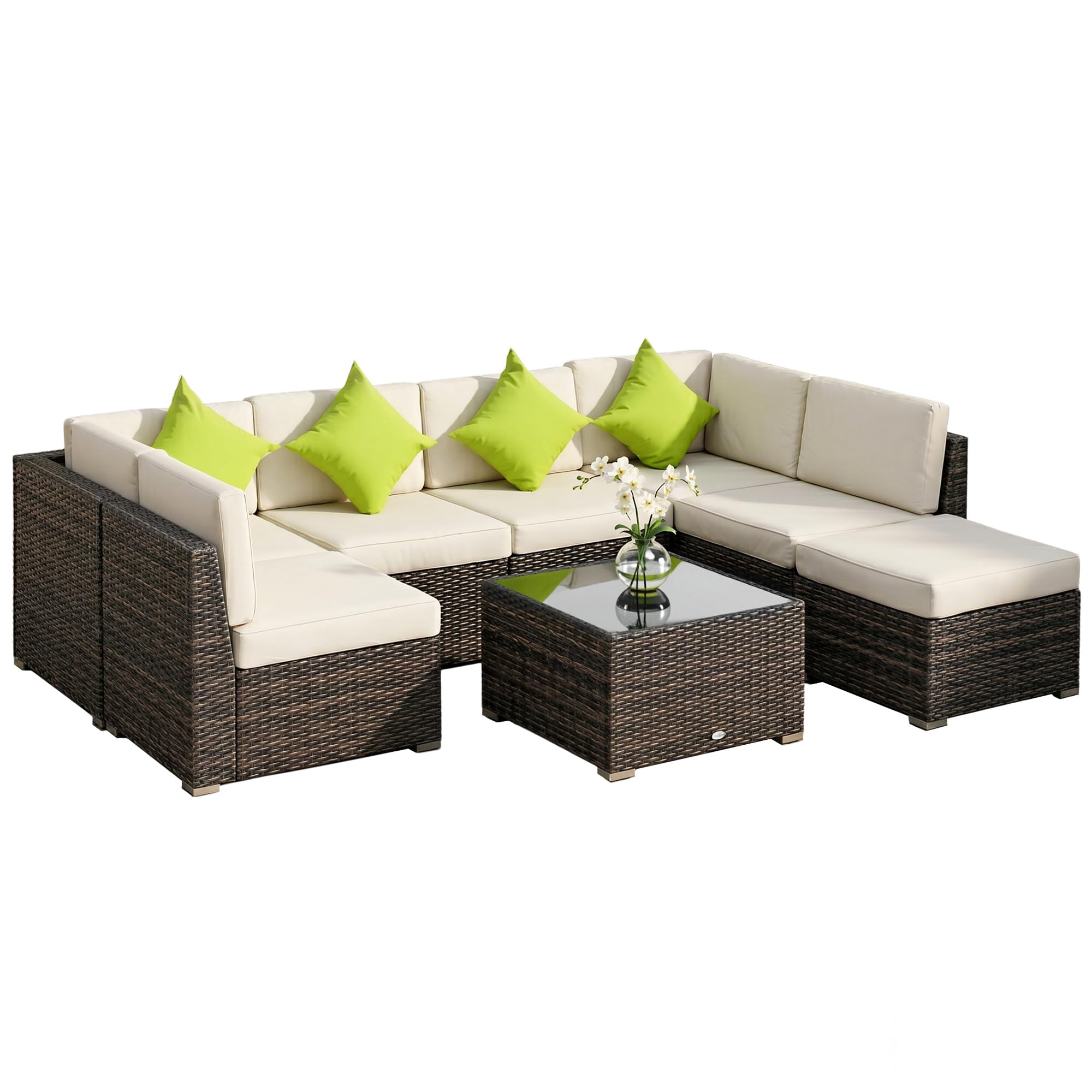 Outsunny 8 Pieces PE Rattan Corner Sofa Set, Outdoor Garden Furniture Set, Patio Wicker Sofa Seater w/Cushion, Washable Cushion Cover & Tempered Glass Table, Brown