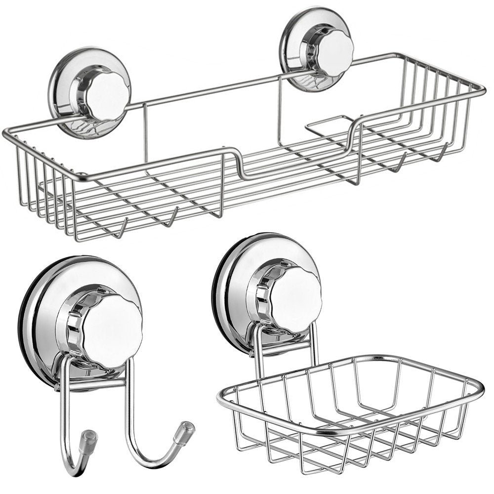 SANNO Suction Shower Caddy, Suction Cup Bathroom Shower Organiser,Bath Shelf Storage Combo Organizer Basket, Kitchen & Bathroom Accessories Shampoo Conditioner - Rustproof Stainless Steel(Set of 2)