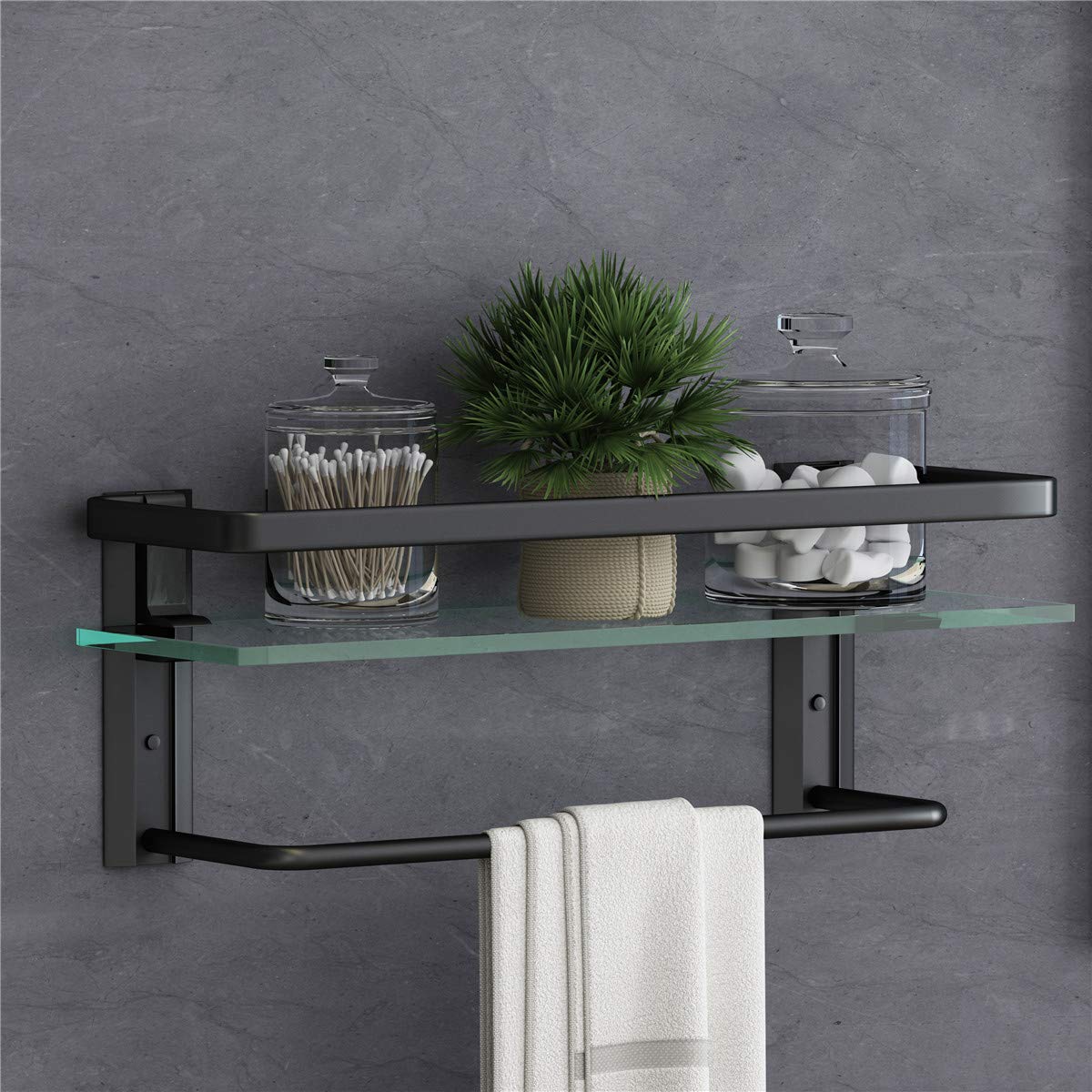 VOLPONE Glass Bathroom Shelf with Towel Bar 15.7in Bathroom Wall Shelves Rustproof Metal Bathroom Wall Organizer 2-Tier (Black)