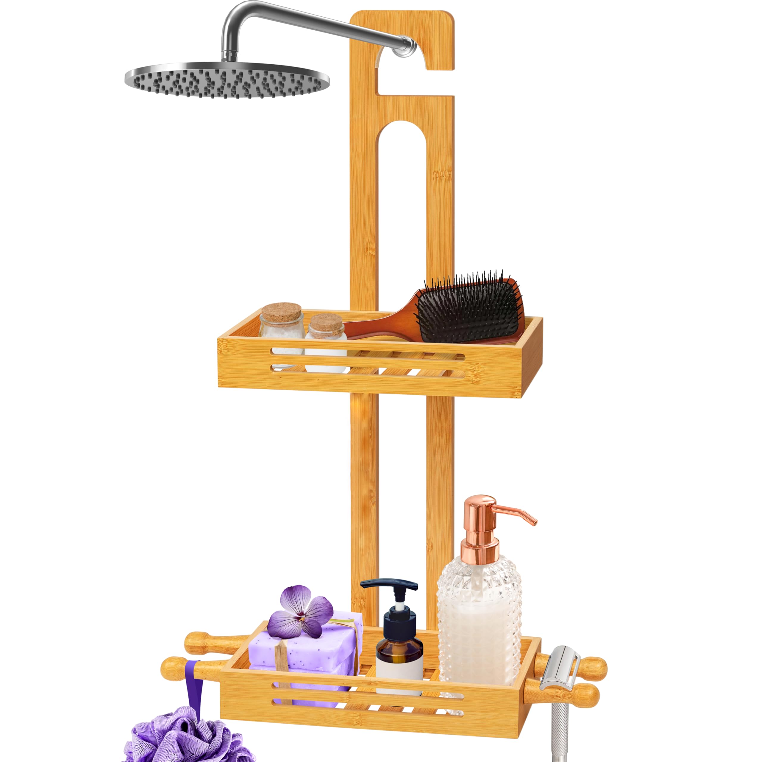 SereneLife Bamboo Hanging Shower Caddy with 3 Tiers, Anti-Slip Design, Bathroom Storage Organizer for Shampoo, Soaps, and Essentials - Space-Saving and Easy to Clean