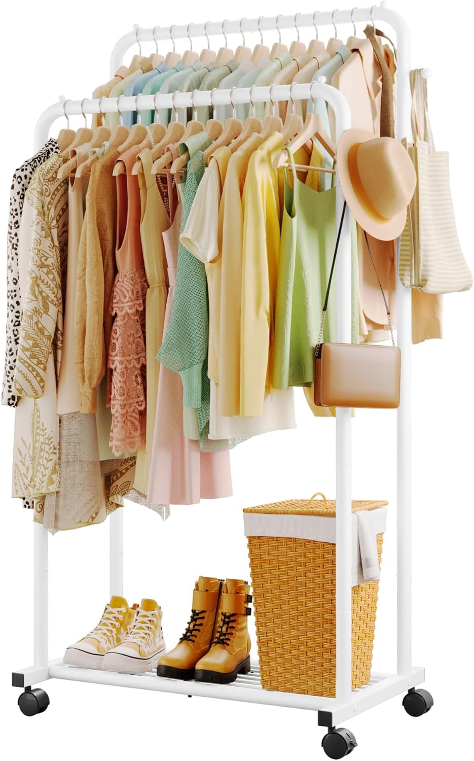 Sakugi Clothes Rail - Double-Rod Rustproof Clothes Rack with Anti-Slip Stoppers, Shoes Shelf and Hooks, Multifunctional Hanging Rack for Laundry, Entryway, Bedroom, Shop, 73 x 42 x 150 cm, Gold