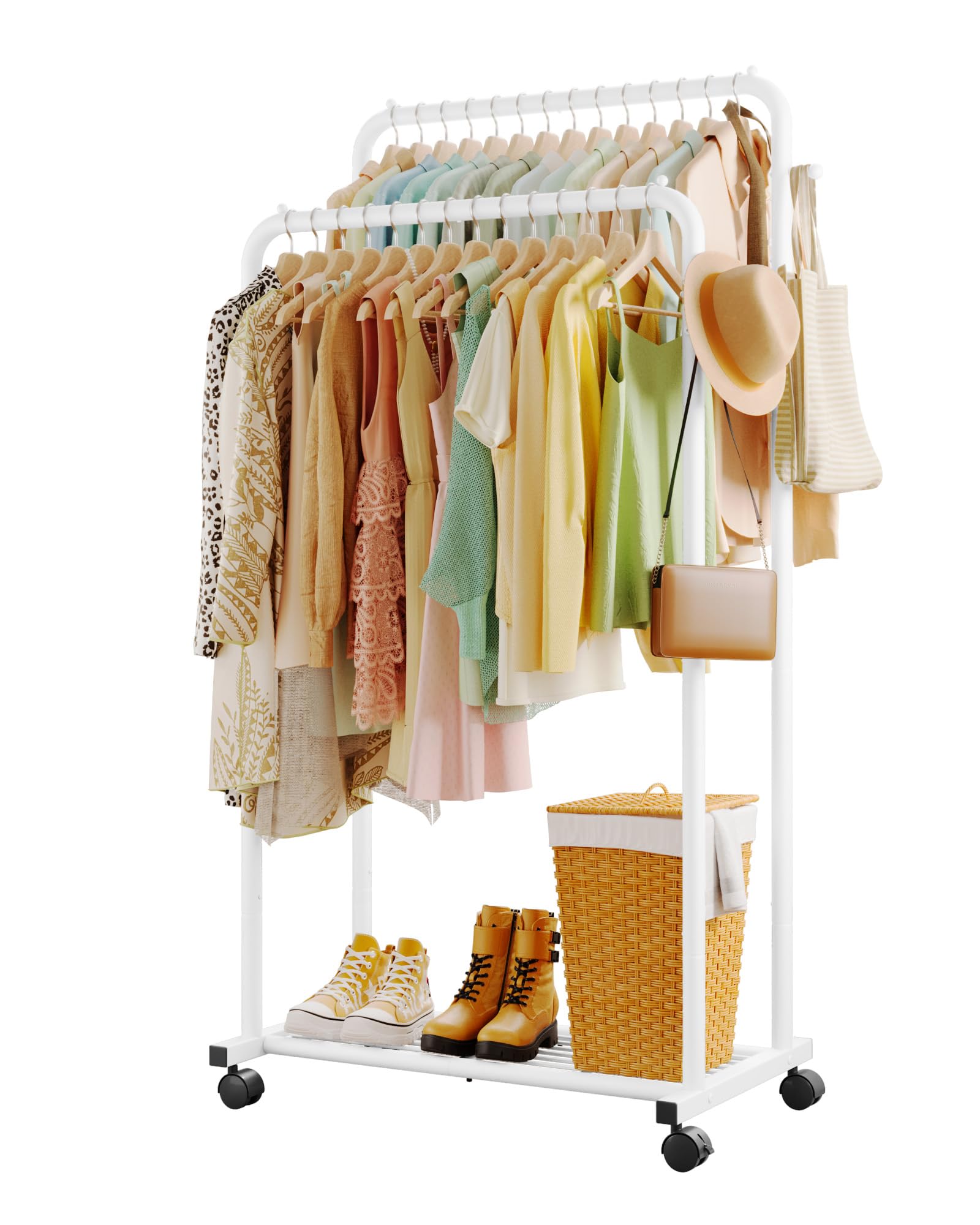 Sakugi Clothes Rail - Double-Rod Rustproof Clothes Rack with Anti-Slip Stoppers, Shoes Shelf and Hooks, Multifunctional Hanging Rack for Laundry, Entryway, Bedroom, Shop, 73 x 42 x 150 cm, Gold