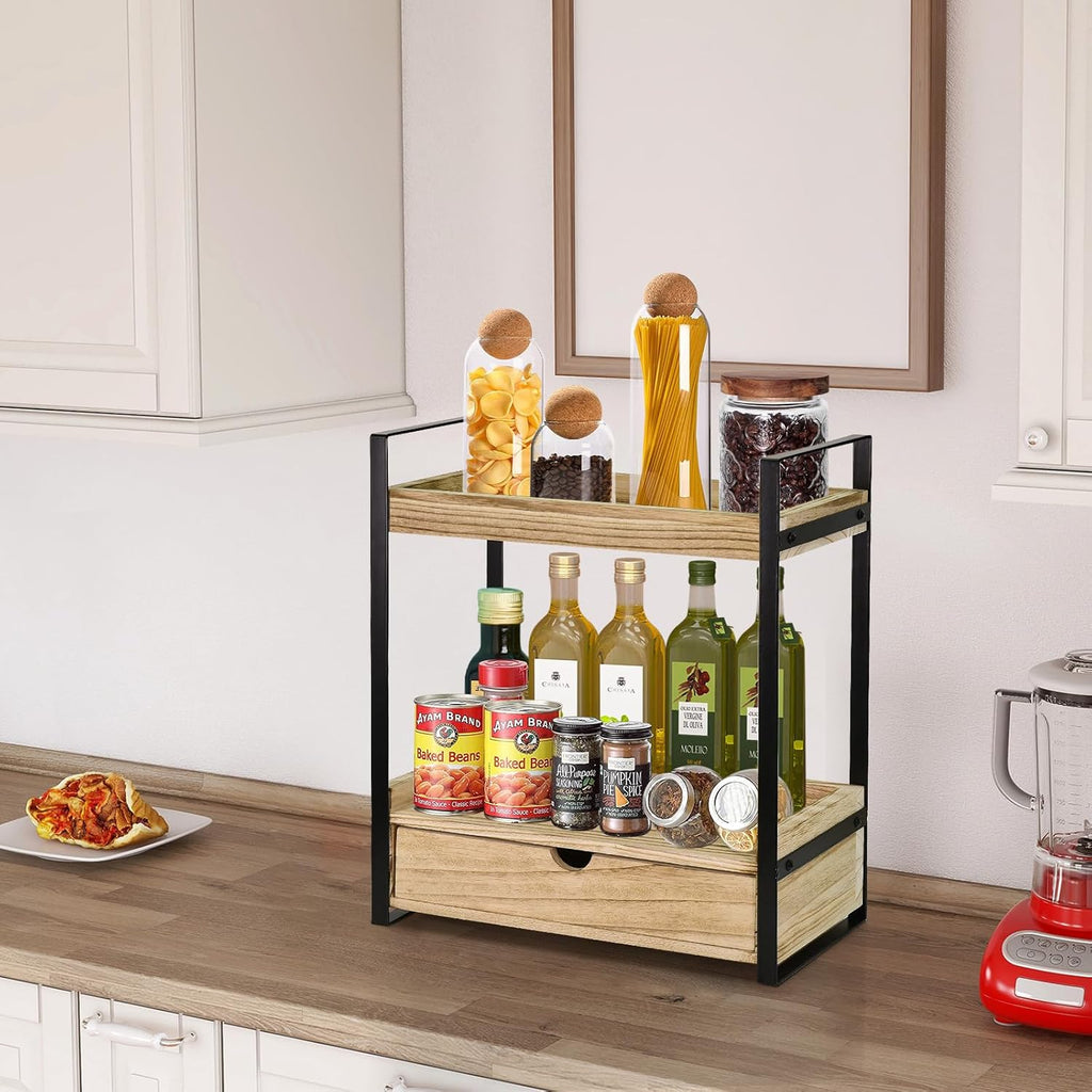 2-Tier Bathroom Organizer Countertop With Drawer, Wood Counter Shelf for Storage, Vanity Tray for Organization and Decor, Countertop Organizer for Kitchen, Office (Brown)