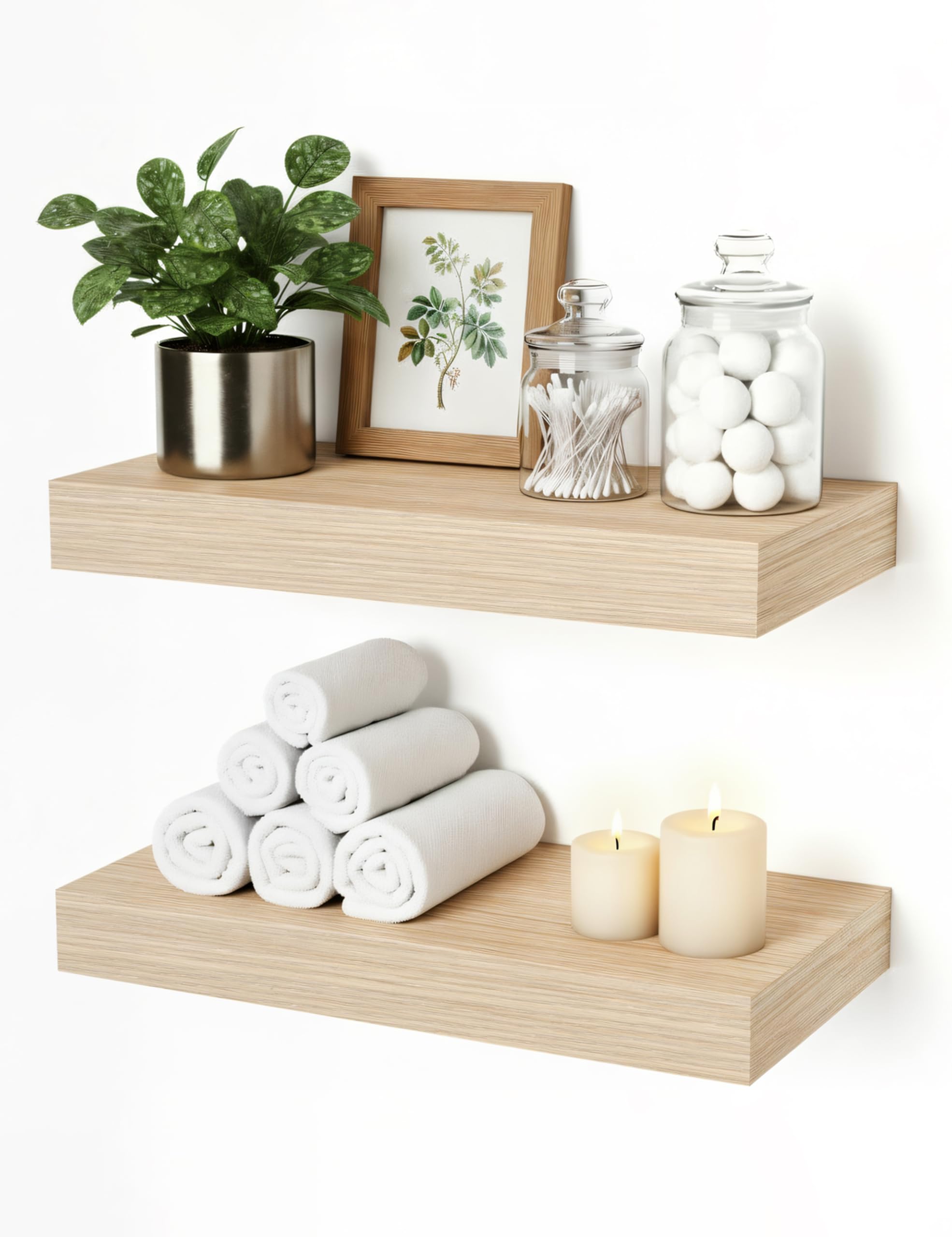 Oak Floating Shelves for Bathroom & Living Room Decor, 24 Inch Rustic Wood Wall Mounted Shelves for Plants, Books, Towels & Storage Display, Set of 2