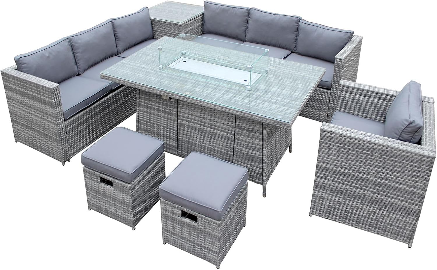 Oseasons Malta Rattan 9 Seat Firepit U-Shape Sofa Set in Mixed Grey - Luxury Deep Seated Outdoor Lounge Set with Grey Cushions and Integrated Fire Pit, Free Rain Cover