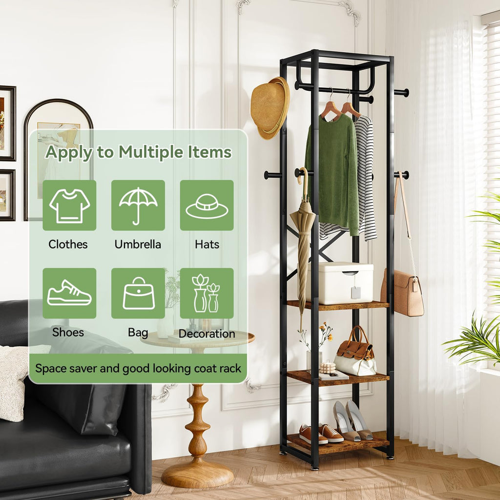 IBUYKE Coat Rack, Freestanding Coat Stand with 3 Shelves and 8 Hooks, Industrial Clothes Stand for Entryway, Hallway, Bedroom, 180 x 40 x 30 cm, Rustic Brown TMJ088H