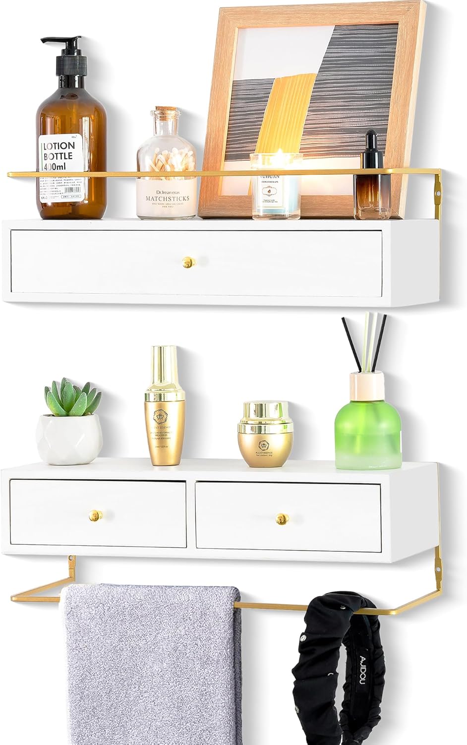 Dreampossible Floating Shelves With Drawers Set of 2 - Wall Mounted Storage for Bathroom, Living Room, Kitchen - Rustic Wood Wall Decor for Plants, Books