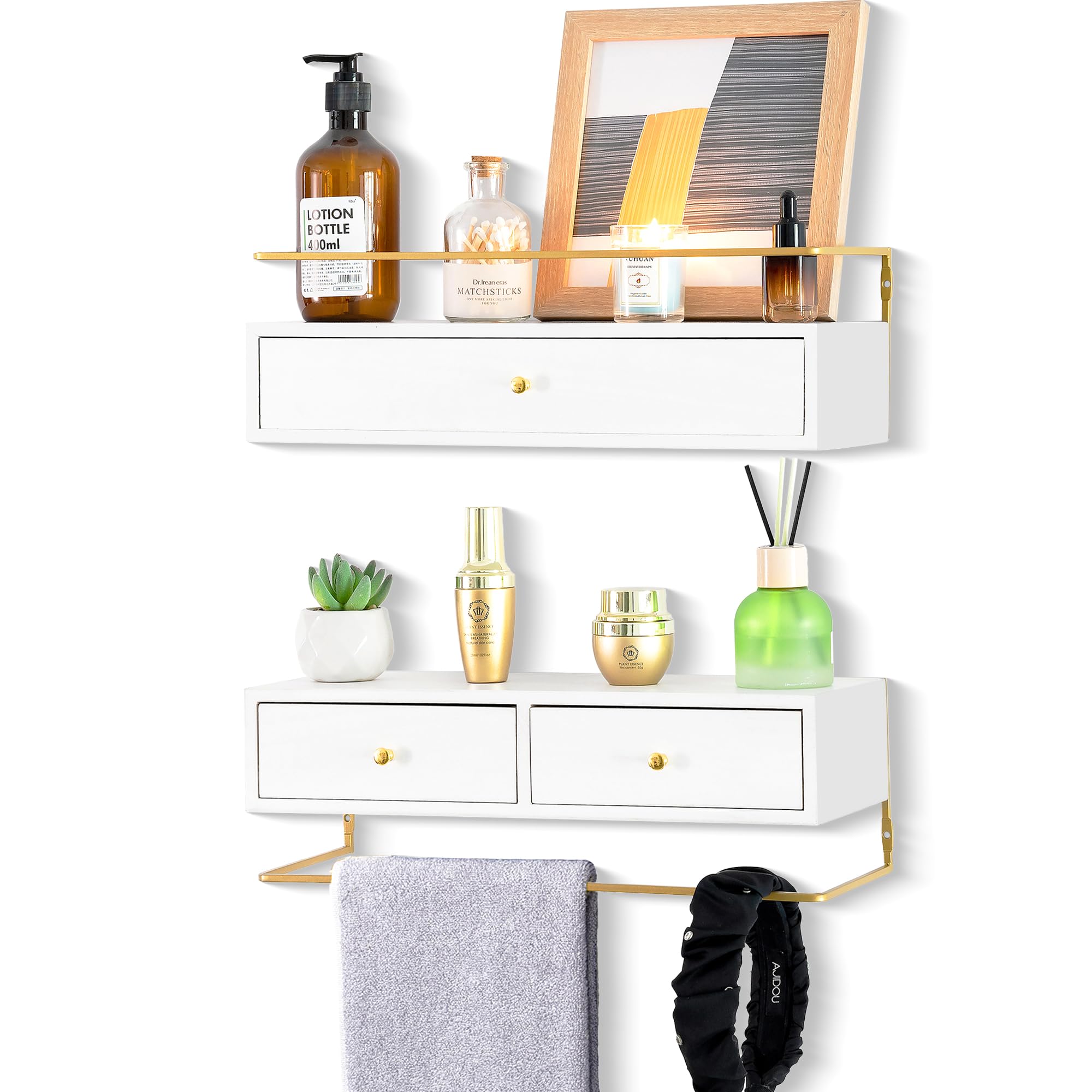 Dreampossible Floating Shelves With Drawers Set of 2 - Wall Mounted Storage for Bathroom, Living Room, Kitchen - Rustic Wood Wall Decor for Plants, Books