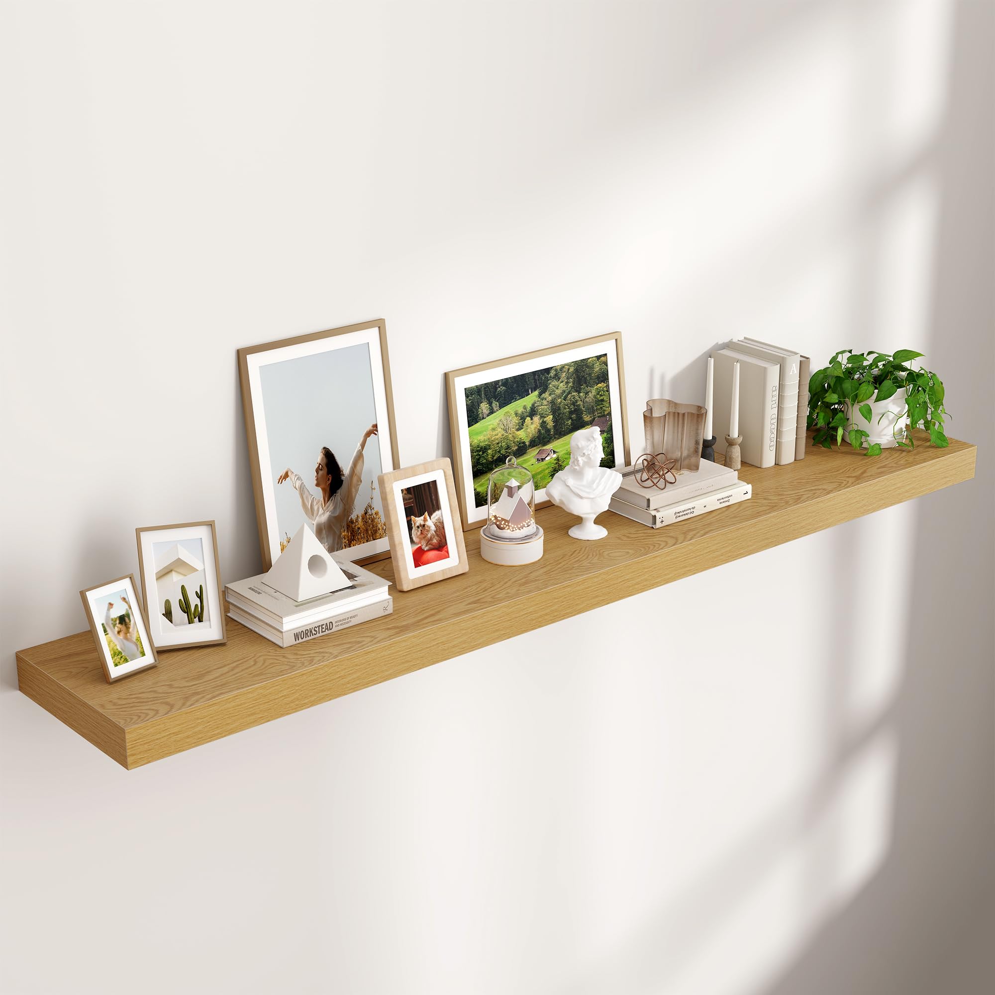 Venusmiles Floating Shelves for Wall 24 inch Long, Engineered Wood Wall Shelves with Invisible Brackets for Living Room Bedroom Bathroom Office Kitchen Decor and Storage, Oak Finish, Set of 2