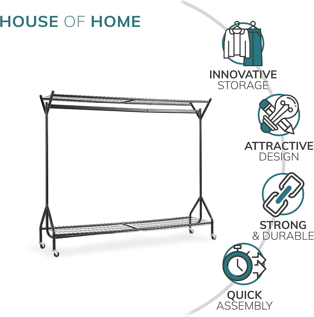 House of Home Clothes Rail Heavy Duty with Wheels Metal Wardrobe Rails For Hanging Clothing & Double Rack Shelves Storage & Organiser for Shirts, Coats, Hat & Shoes 6ft x 5ft Portable Black