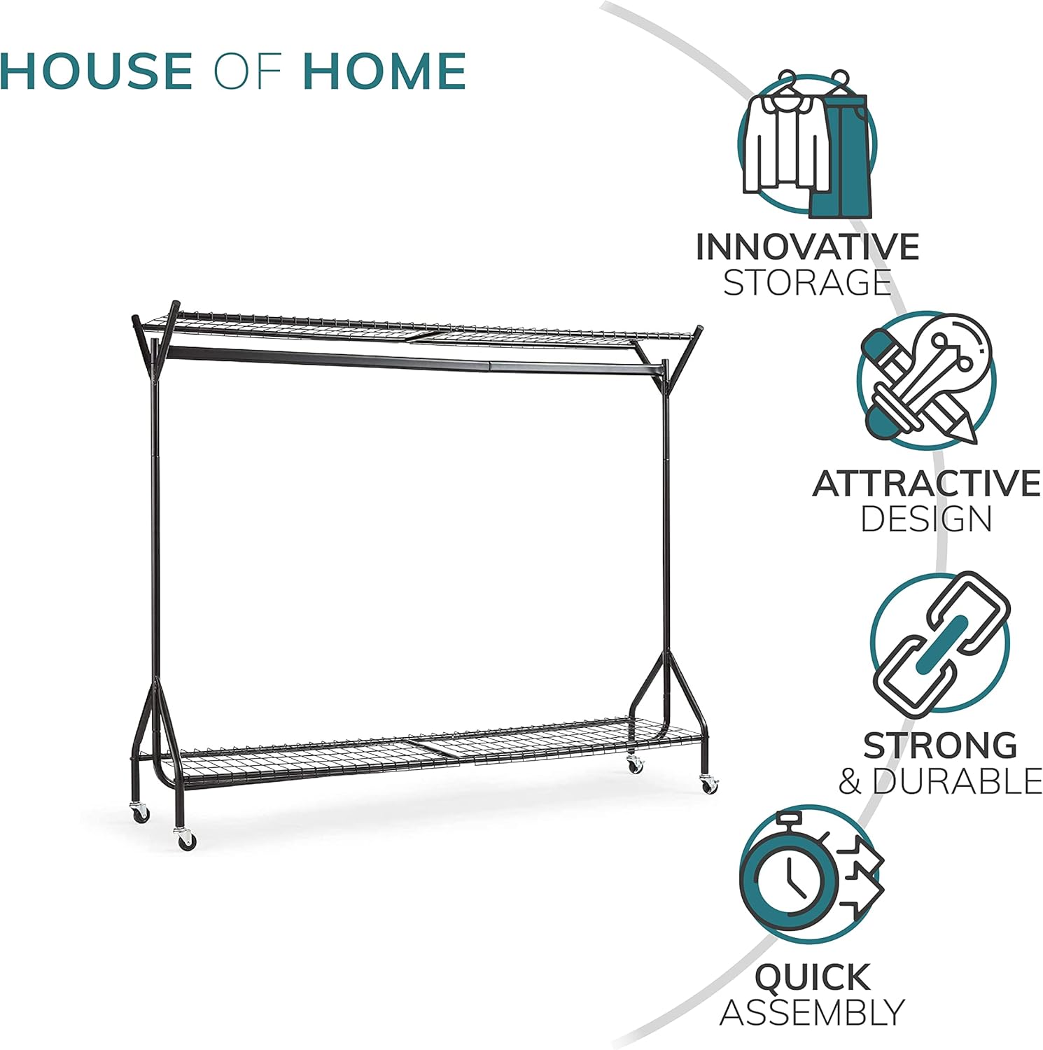 House of Home Clothes Rail Heavy Duty with Wheels Metal Wardrobe Rails For Hanging Clothing & Double Rack Shelves Storage & Organiser for Shirts, Coats, Hat & Shoes 6ft x 5ft Portable Black