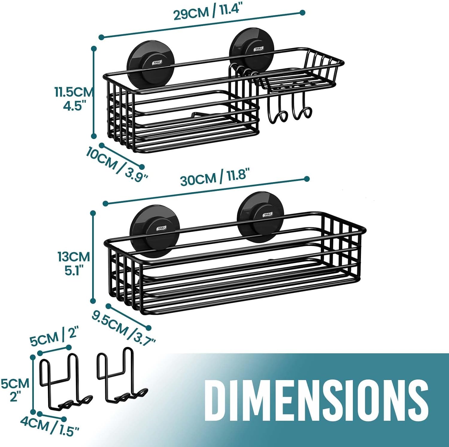 TAILI 2 Pack Rustproof Suction Shower Caddy, Stainless Steel Suction Cup Shower Caddy Bathroom Shelves No Drilling Heavy Duty Holder Removable Powerful Bathroom for Shampoo Toiletries Kitchen, Black