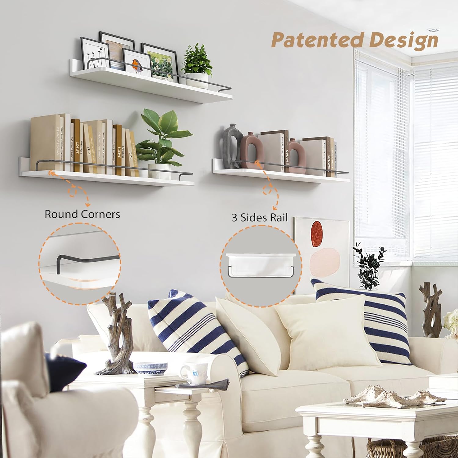 Forbena Floating Shelves for Wall 24 Inches Long, Modern White Wall Shelving Unit for Bedroom, Wood Hanging Shelf for Kitchen Bathroom Living Room Office Organizers and Storage (White and Grey)