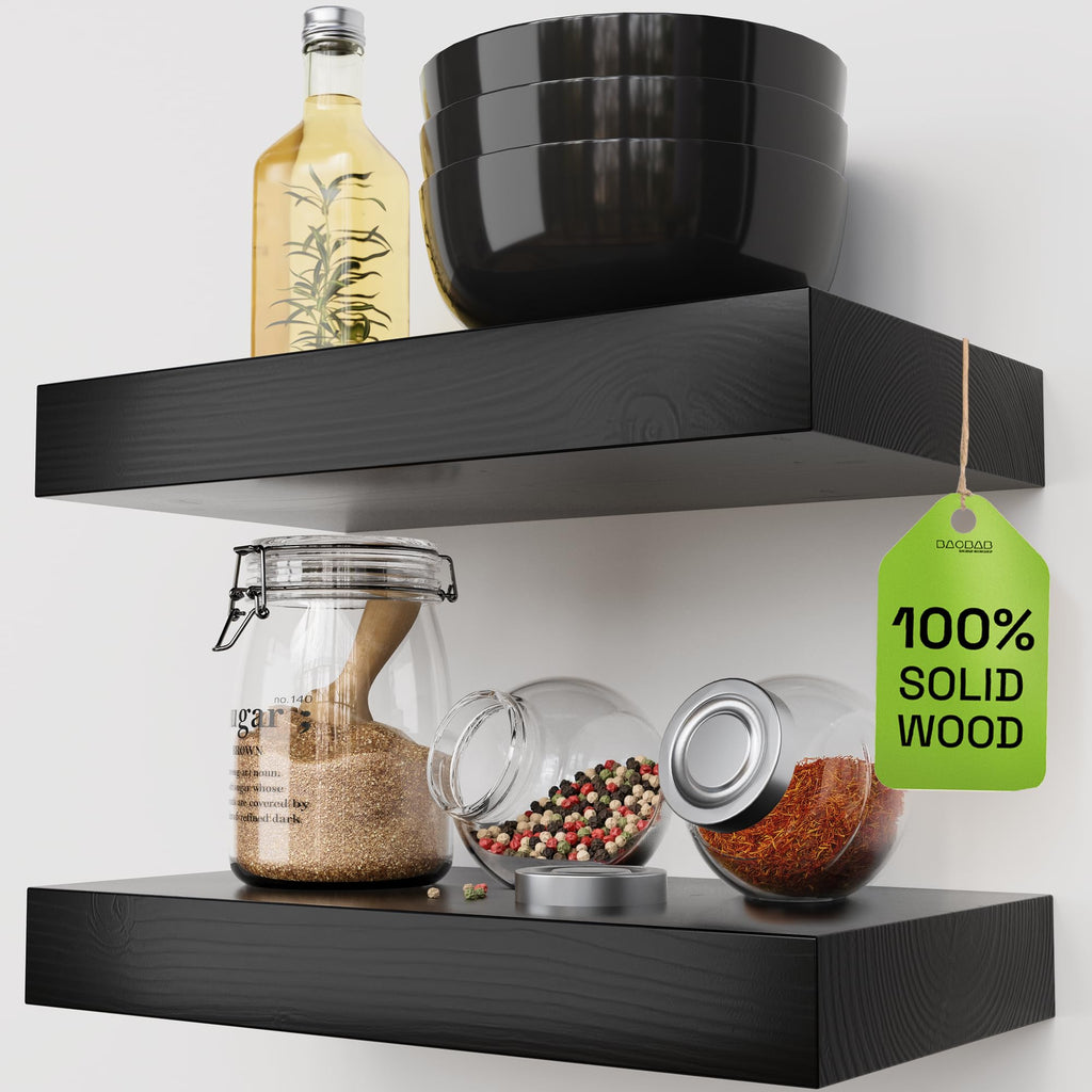BAOBAB WORKSHOP Wood Floating Shelves for Wall Mounted, 16 inch Walnut Floating Shelf for Bathroom, Solid Wooden Wall Shelves for Kitchen Bedroom Farmhouse, Walnut Finish, 16 x 6.7, Set of 2