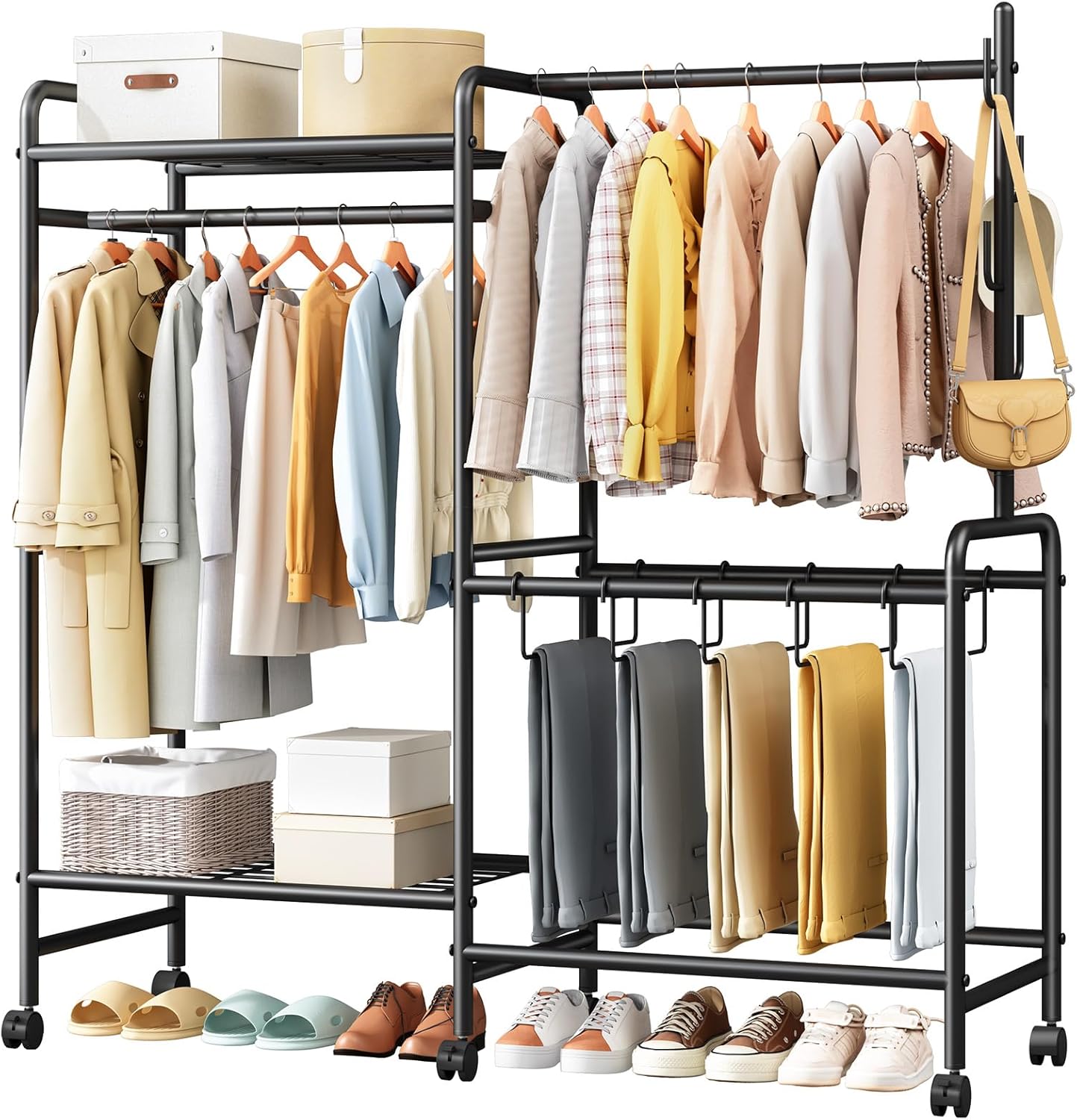 Heavy Duty Clothes Rail with Wheels, 125KG Metal Clothing Rack with Trouser Rack, Top Shelf, 4 Hooks & 5 Trouser Hangers, Sturdy Wardrobe Clothes Rail for Bedroom Hallway Shop, Black
