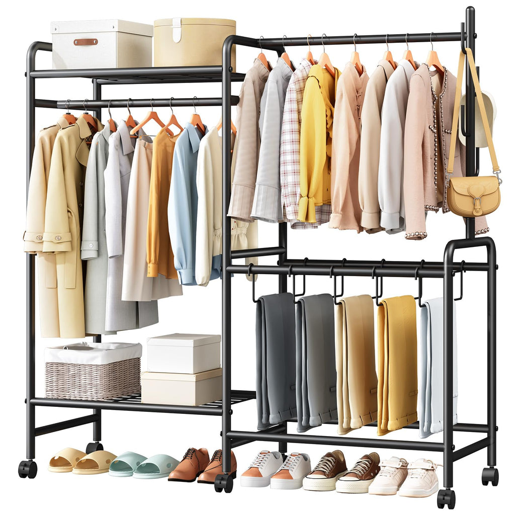Heavy Duty Clothes Rail with Wheels, 125KG Metal Clothing Rack with Trouser Rack, Top Shelf, 4 Hooks & 5 Trouser Hangers, Sturdy Wardrobe Clothes Rail for Bedroom Hallway Shop, Black