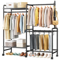Heavy Duty Clothes Rail with Wheels, 125KG Metal Clothing Rack with Trouser Rack, Top Shelf, 4 Hooks & 5 Trouser Hangers, Sturdy Wardrobe Clothes Rail for Bedroom Hallway Shop, Black