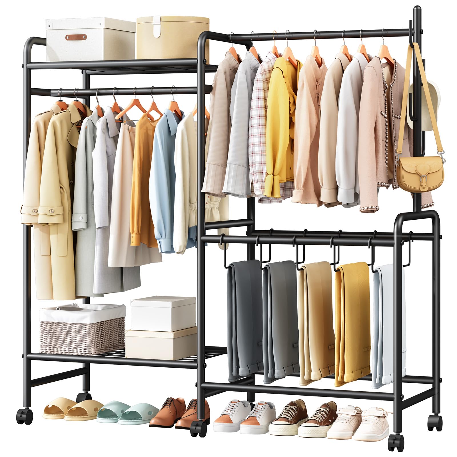 Heavy Duty Clothes Rail with Wheels, 125KG Metal Clothing Rack with Trouser Rack, Top Shelf, 4 Hooks & 5 Trouser Hangers, Sturdy Wardrobe Clothes Rail for Bedroom Hallway Shop, Black