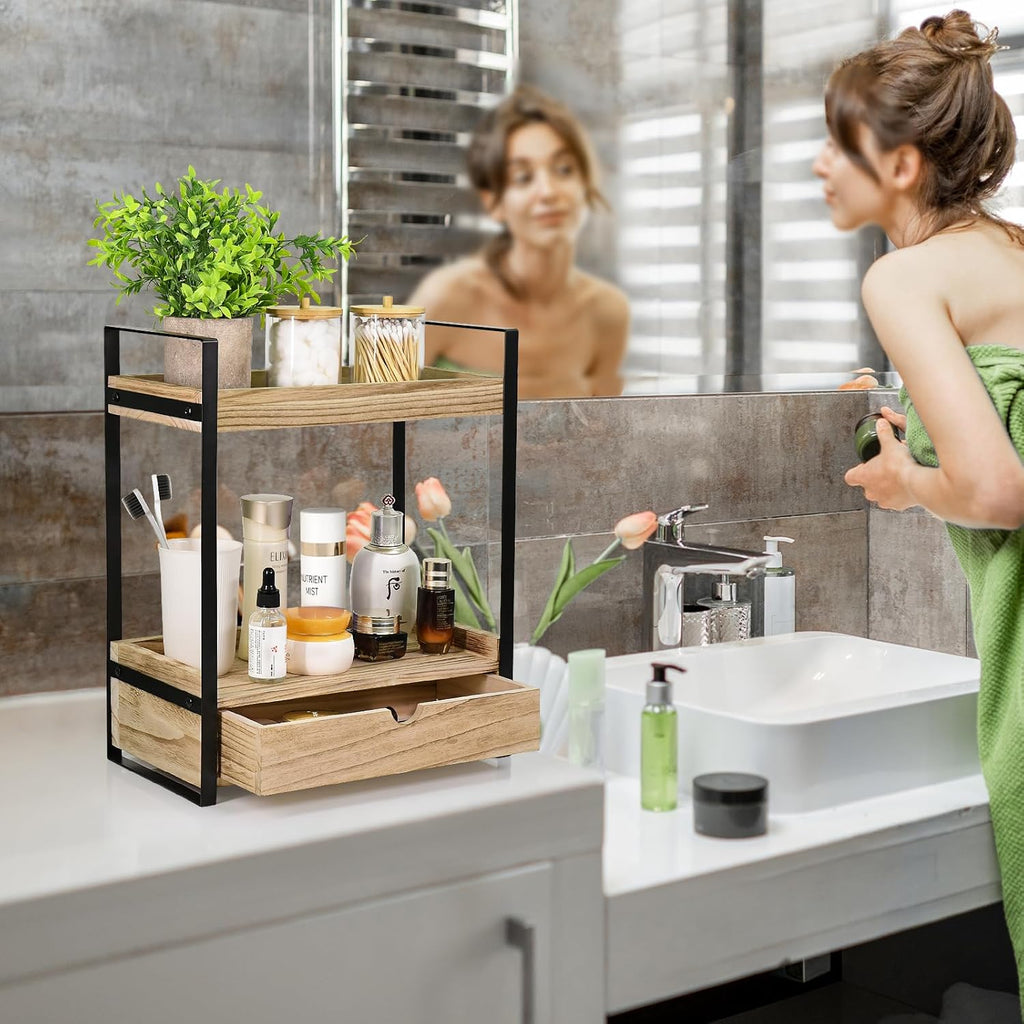 2-Tier Bathroom Organizer Countertop With Drawer, Wood Counter Shelf for Storage, Vanity Tray for Organization and Decor, Countertop Organizer for Kitchen, Office (Brown)