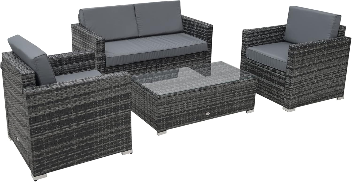 Outsunny 4 Pieces Outdoor PE Rattan Sofa Set with Cushions, Patio Wicker Conversation Furniture Set with Glass Top Coffee Table, Mixed Grey