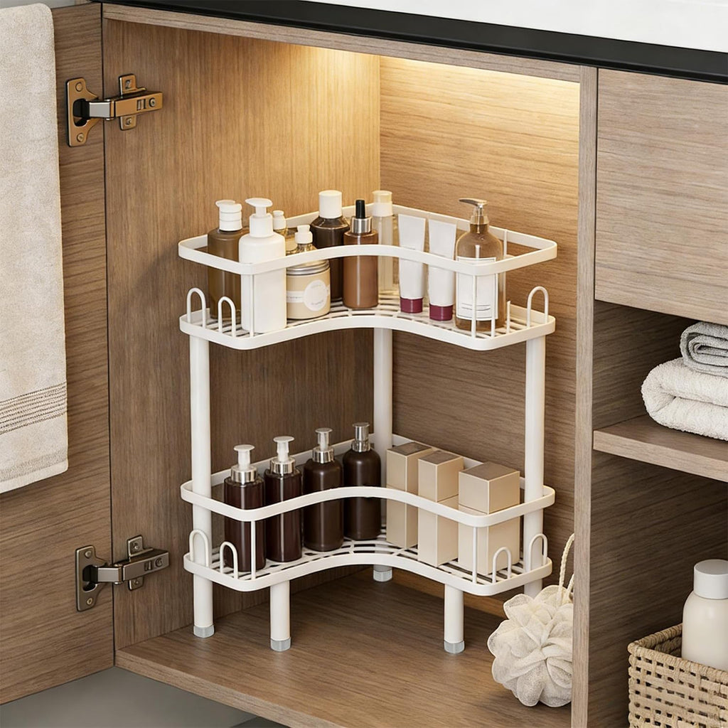 Free Standing 2 Tier Shower Caddy with 4 Hooks on Each Shelf Waterproof Corner Organizer Corner for Bathroom Kitchen Large Capacity Shower Rack (White)