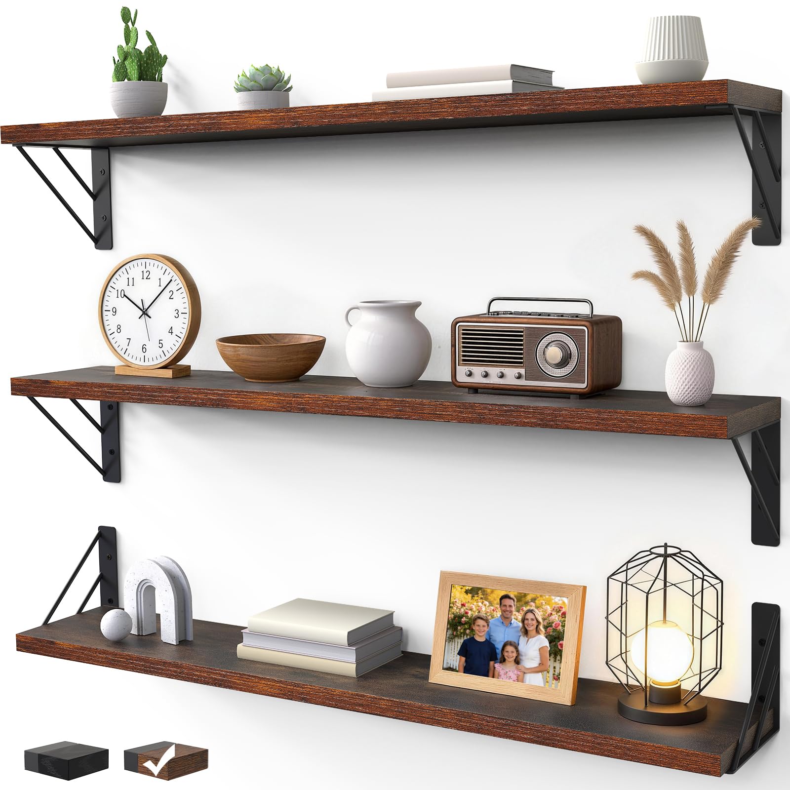 23in Rustic Brown Floating Shelves, Set of 4 Wall Mount Wood Shelves for Bedroom Bathroom Kitchen