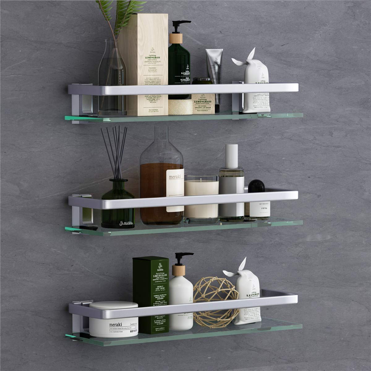 VOLPONE Glass Bathroom Shelf with Towel Bar 15.7in Bathroom Wall Shelves Rustproof Metal Bathroom Wall Organizer 2-Tier (Black)