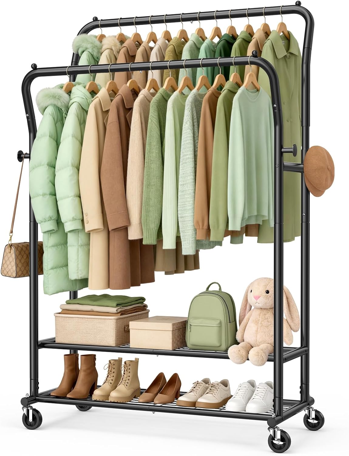 EAGMAK Heavy Duty Clothes Rail Load 378 kg, Double Rods Clothing Rails on Wheels, Height Adjustable Hanging Rack with Shelves & Coat Hooks, Portable Metal Standing Wardrobe for Bedroom Laundry, Black