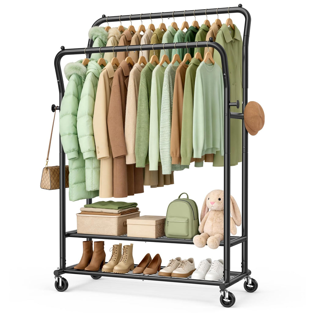 EAGMAK Heavy Duty Clothes Rail Load 378 kg, Double Rods Clothing Rails on Wheels, Height Adjustable Hanging Rack with Shelves & Coat Hooks, Portable Metal Standing Wardrobe for Bedroom Laundry, Black