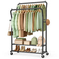 EAGMAK Heavy Duty Clothes Rail Load 378 kg, Double Rods Clothing Rails on Wheels, Height Adjustable Hanging Rack with Shelves & Coat Hooks, Portable Metal Standing Wardrobe for Bedroom Laundry, Black