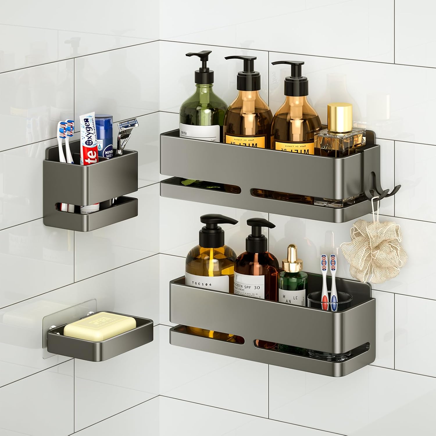 Bathroom Storage Rack (5-piece set), wall-mounted shelf with soap dish and toothbrush holder, no drilling required, ideal for bathroom storage and also suitable for kitchen (Grey)