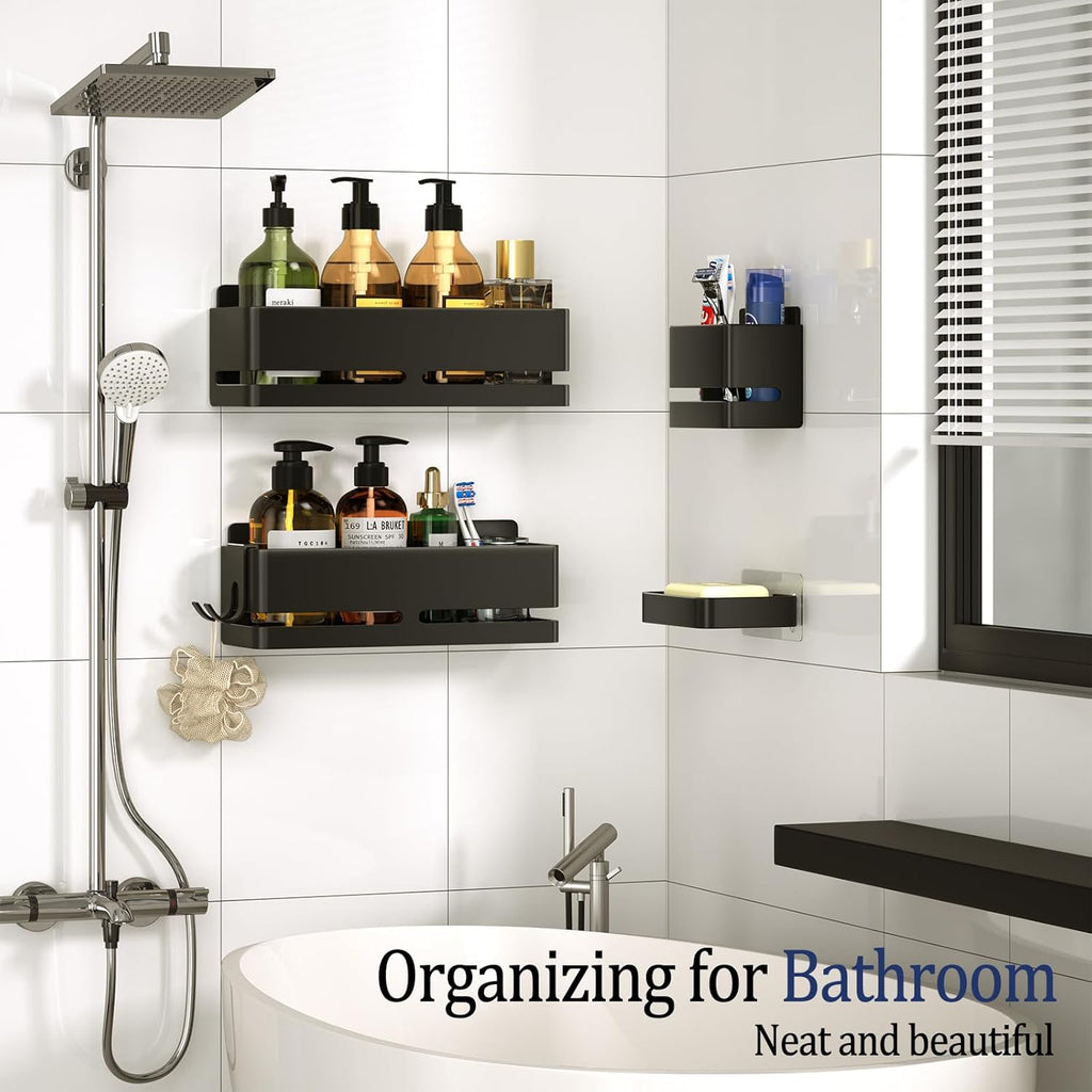 5-Piece Black No-Drill Wall Storage Rack with Soap Dish & Toothbrush Holder, Multi-use for Bathroom Kitchen