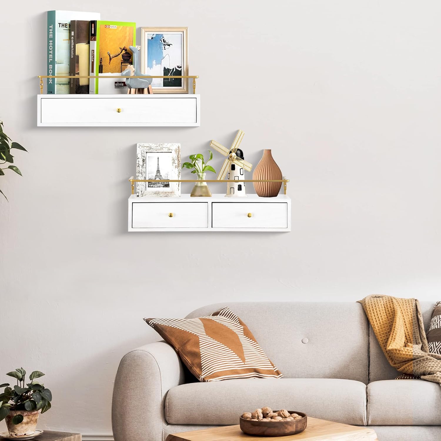 Dreampossible Floating Shelves With Drawers Set of 2 - Wall Mounted Storage for Bathroom, Living Room, Kitchen - Rustic Wood Wall Decor for Plants, Books