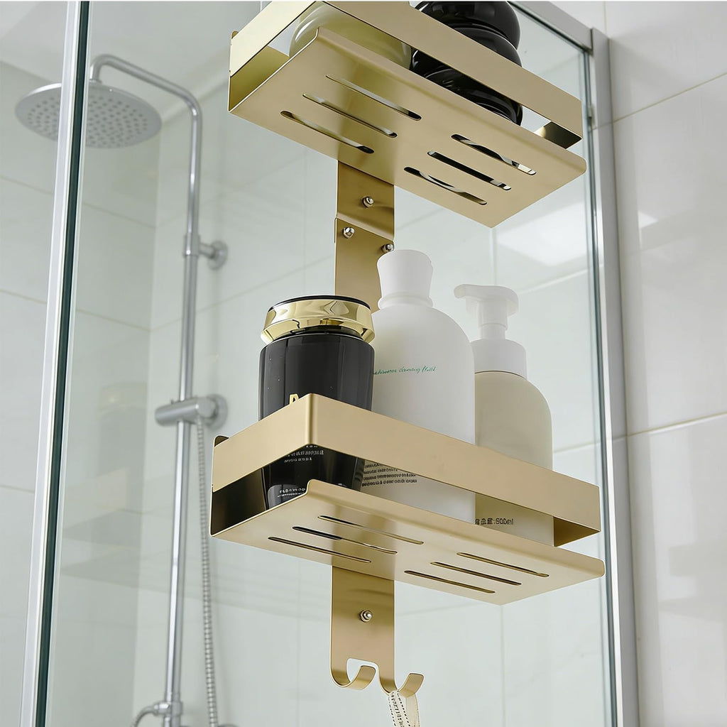 NEWRAIN Shower Caddy Hanging, Over Door Stainless Steel Double Layer Shower Shelf, No Drilling Bathroom Storage for Glass Door with Hooks, Gold