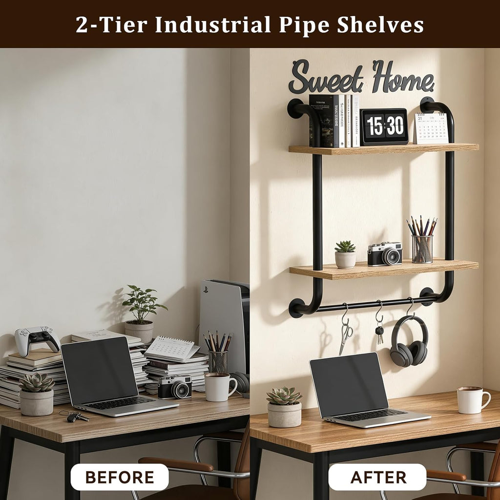 Tinpin Bathroom Shelves Wall Mounted, Rustic Farmhouse Pipe Shelves, 2-Tier, Industrial Shelving Over Toilet, Floating Shelf Decor for Bathroom, Kitchen, Bedroom, Living Room 17.3 inch