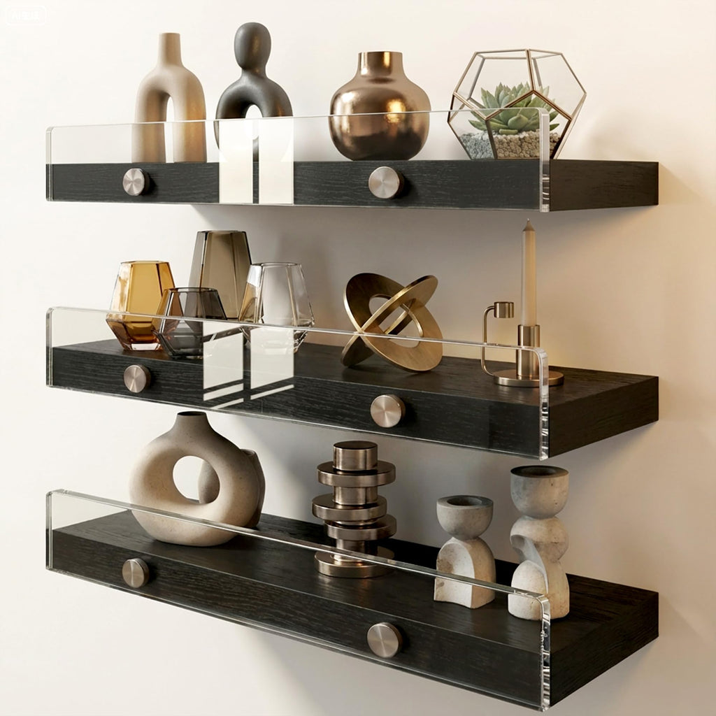 Wood Floating Shelves with Acrylic Front Lip, Rustic Shelf 15.7 inch, Floating Shelf for Wall Mounted Set of 3, Wide Wooden Wall Shelves for Living Room Bedroom Kitchen Bathroom, Brown, 15.7W x 5.8D