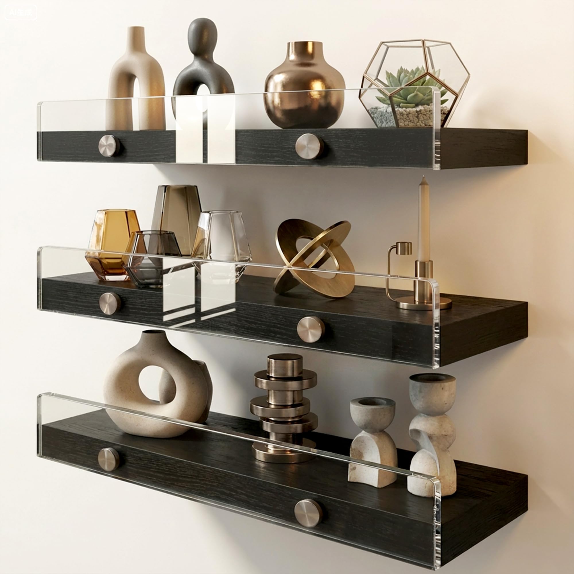 Wood Floating Shelves with Acrylic Front Lip, Rustic Shelf 15.7 inch, Floating Shelf for Wall Mounted Set of 3, Wide Wooden Wall Shelves for Living Room Bedroom Kitchen Bathroom, Brown, 15.7W x 5.8D