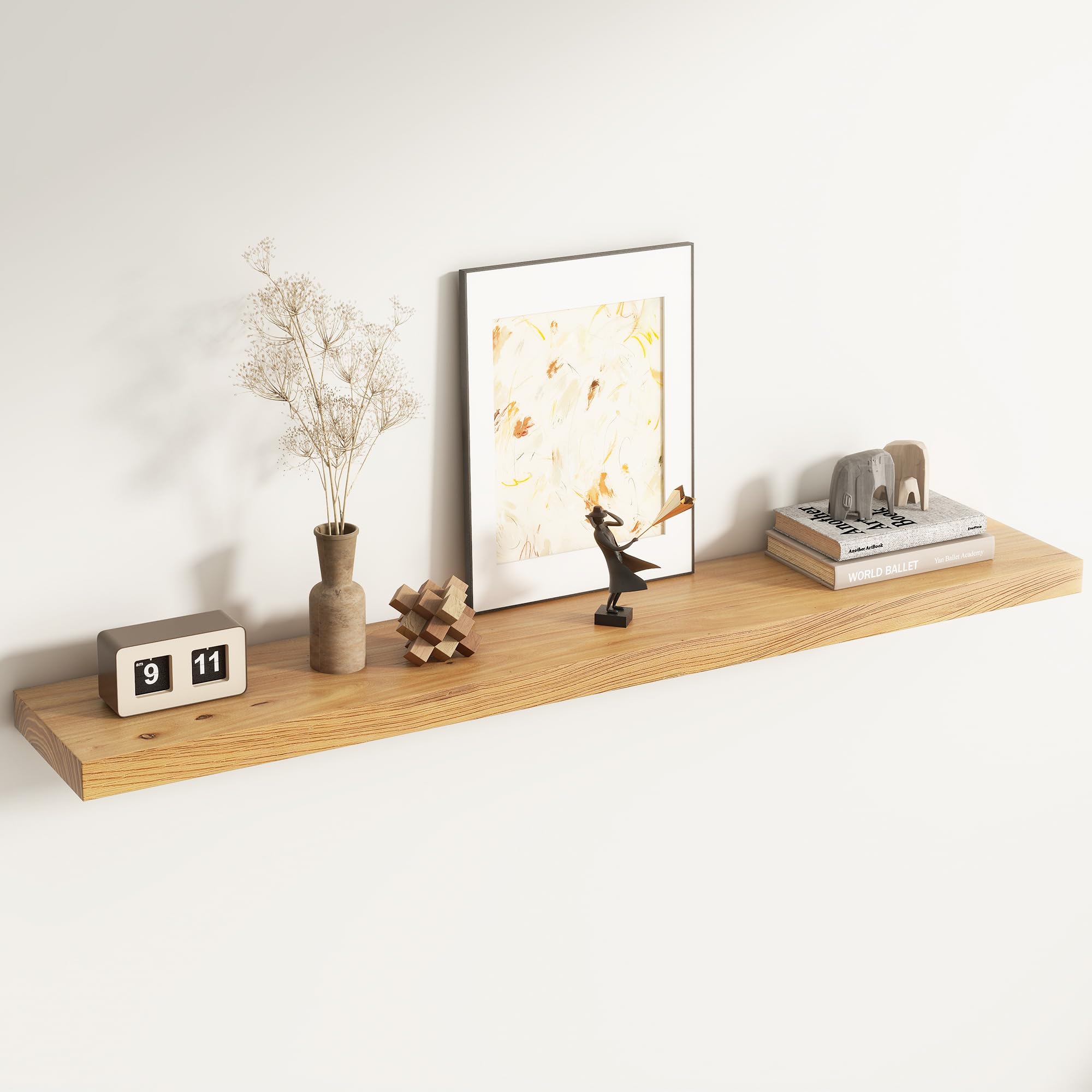 Live Edge Floating Shelves for Wall Decor, Solid Elm Wood Floating Shelves Wall Mounted, Rustic Wall Shelves with Invisible Bracket for Living Room Bathroom Bedroom Kitchen, 24 Inch Set of 2, Natural