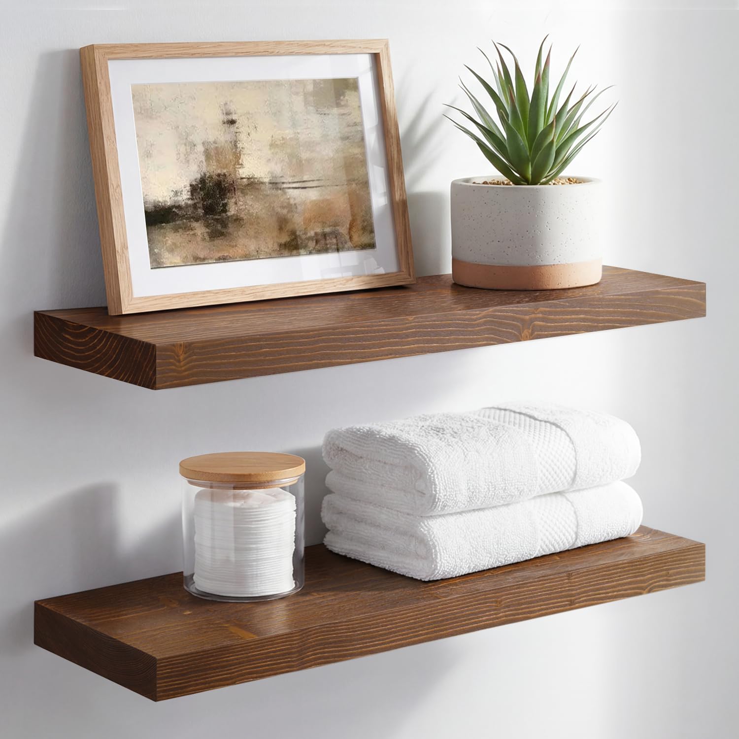 Homeforia White Floating Shelves 24 inch, High End Solid Real Wood 24inch Bathroom Floating Shelf for Wall Mounted, White Wooden 24in Floating Shelves, Heavy Duty Bracket, 24 X 6.5 X 1.75 in, Set of 2