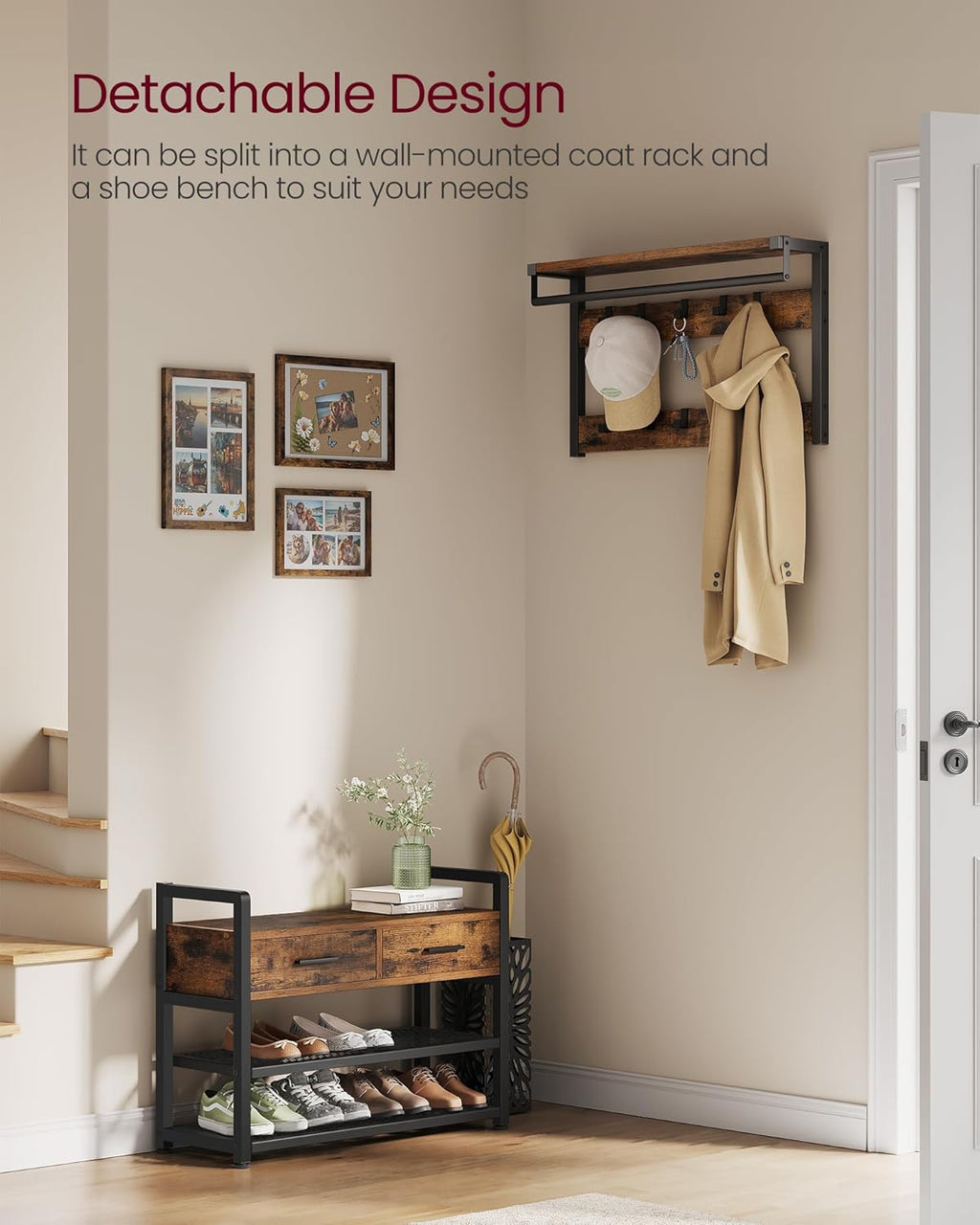 VASAGLE Hall Tree with Bench and Shoe Storage, Hallway Coat Rack with Shoe Bench, 2 Fabric Drawers, 10 Hooks, 30 x 80.4 x 181.6 cm, Vintage Brown and Ink Black HSR429B01