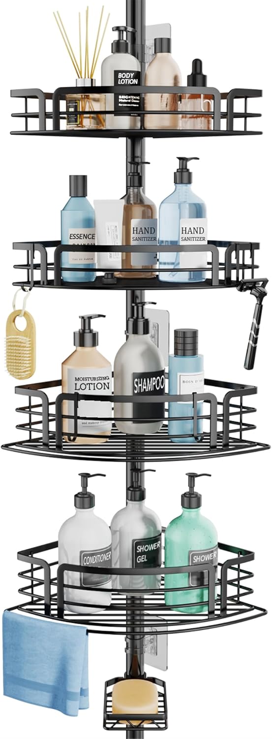 SWTYMIKI Telescopic Shower Caddy Corner - Rustproof Shower Corner Shelves with Towel Bar & Soap Holder, Adjustable No Drilling Tension Pole Shower Caddy for Bathroom With 4 Baskets, 27.6-108.3 inch