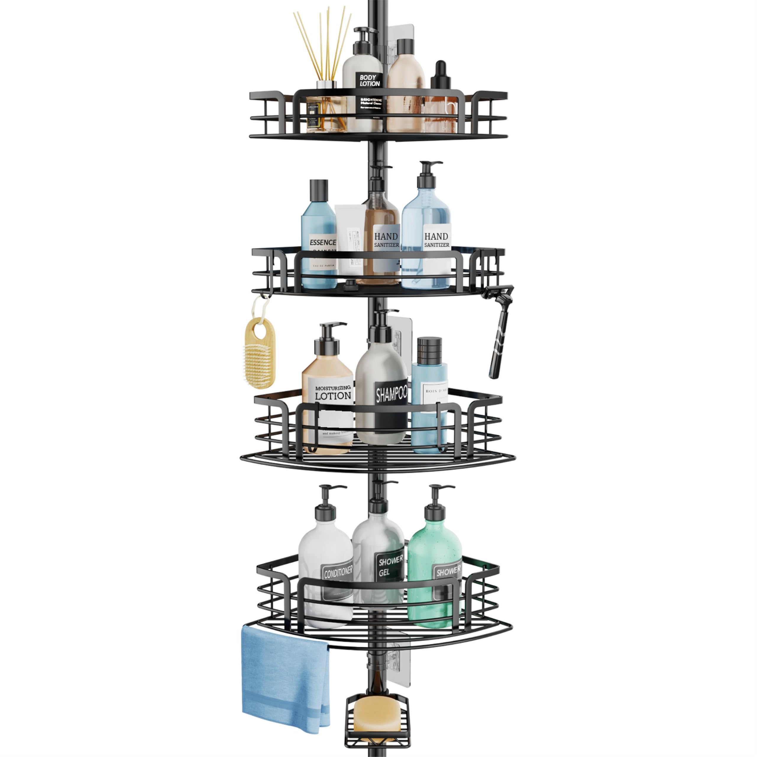 SWTYMIKI Telescopic Shower Caddy Corner - Rustproof Shower Corner Shelves with Towel Bar & Soap Holder, Adjustable No Drilling Tension Pole Shower Caddy for Bathroom With 4 Baskets, 27.6-108.3 inch