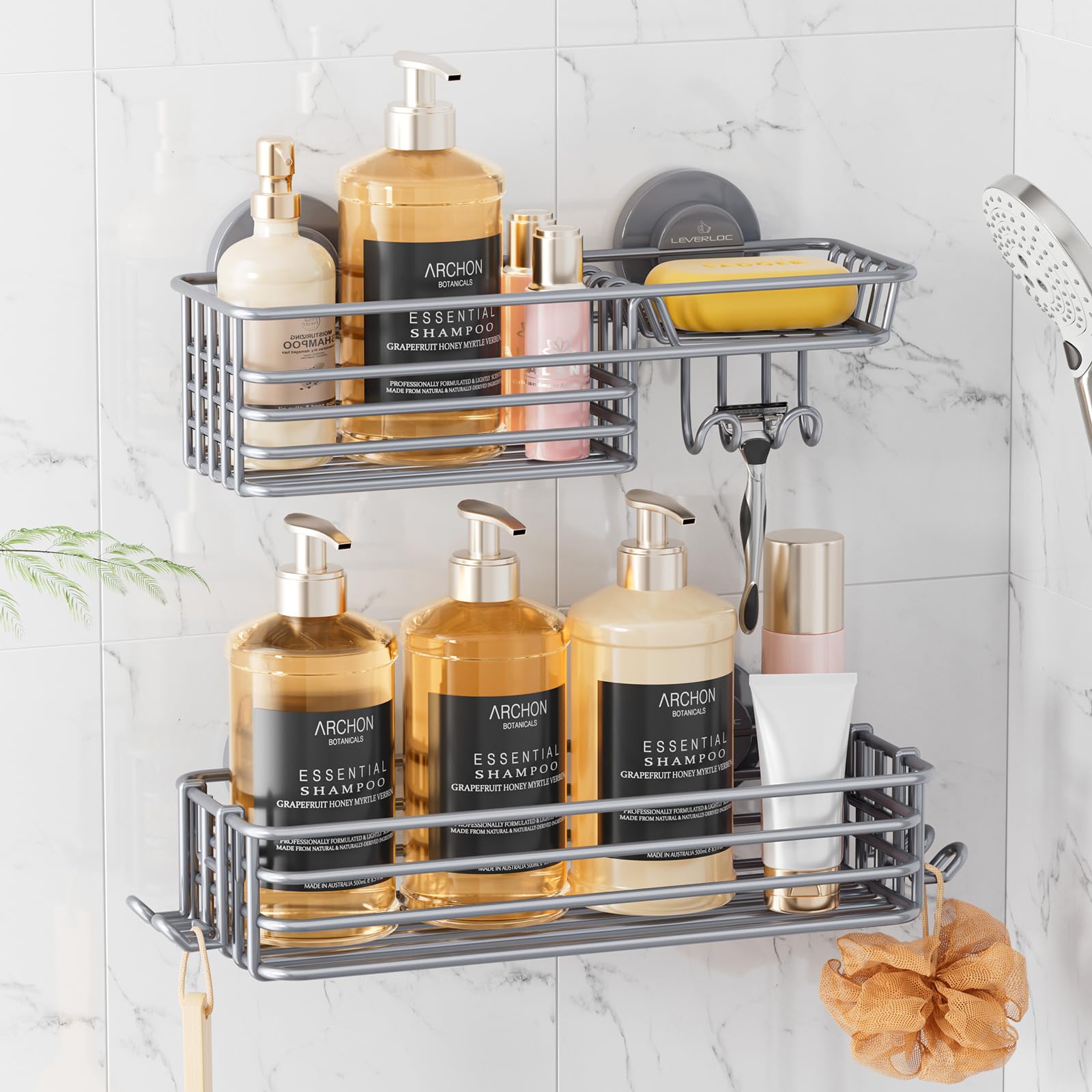 LEVERLOC Shower Caddy Suction Cup, 2 Pack Shower Shelves for Inside Shower with Hooks & Soap Holder, NO-Drilling Bathroom Shower Organizer, Rustproof Meatl Shower Holder Storage, Silver