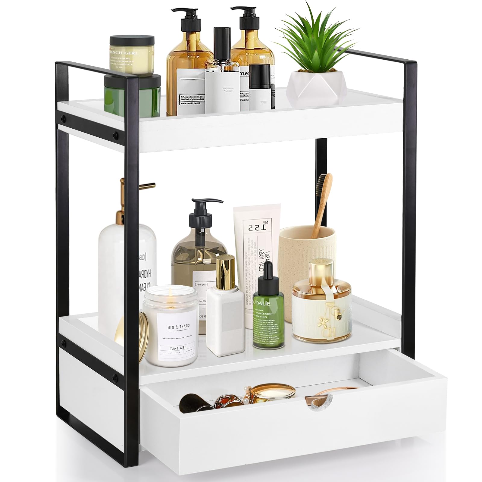 2-Tier Bathroom Organizer Countertop With Drawer, Wood Counter Shelf for Storage, Vanity Tray for Organization and Decor, Countertop Organizer for Kitchen, Office (Brown)