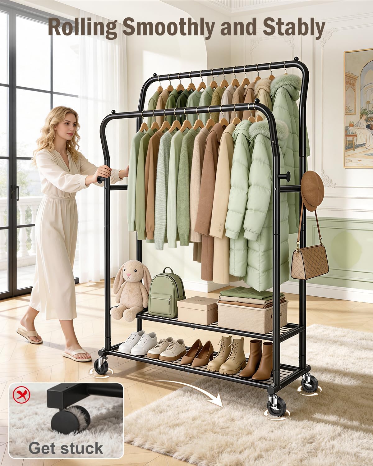 EAGMAK Heavy Duty Clothes Rail Load 378 kg, Double Rods Clothing Rails on Wheels, Height Adjustable Hanging Rack with Shelves & Coat Hooks, Portable Metal Standing Wardrobe for Bedroom Laundry, Black
