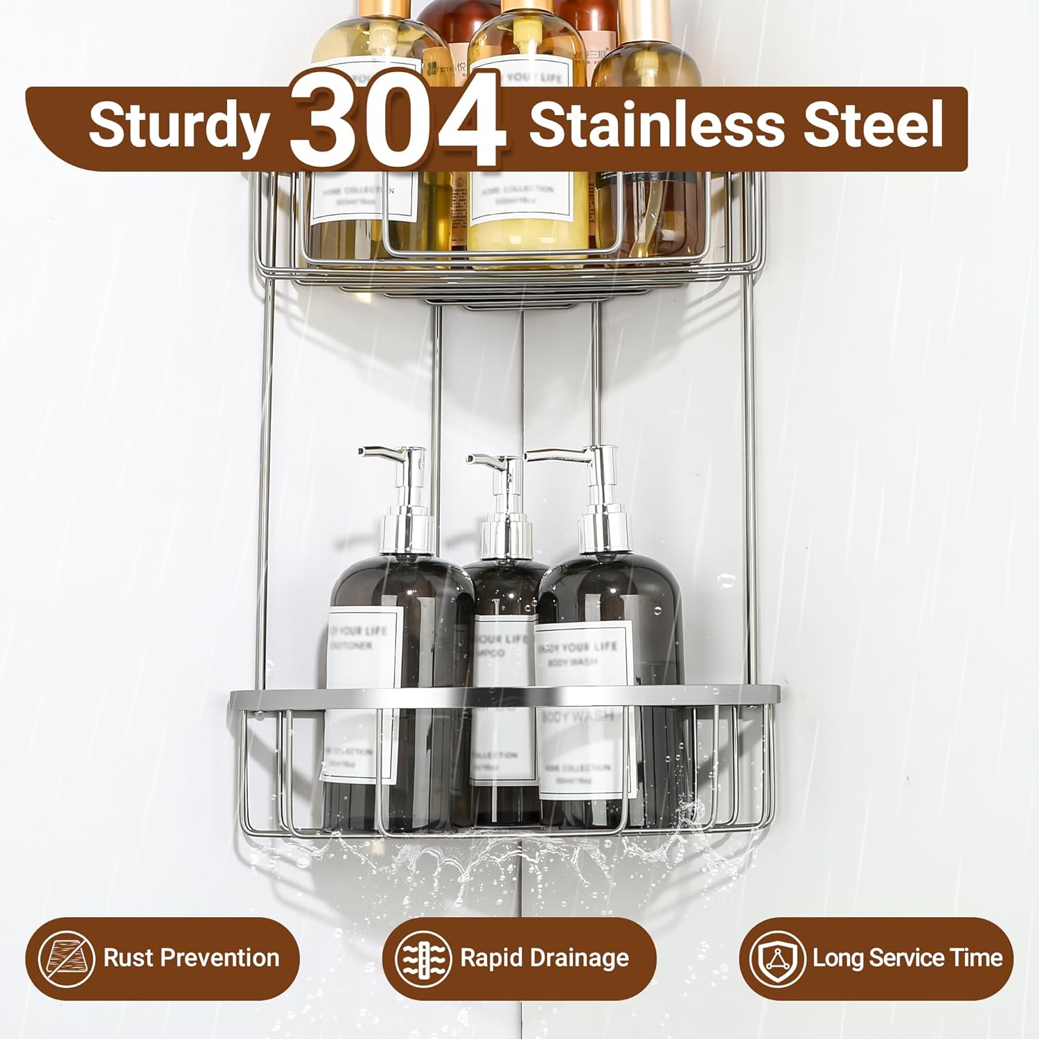SAYAYO Corner Shower Caddy Shower Basket Organiser SUS304 Stainless Steel, 2-Tier Polished Chromed Corner Bathroom Shelf