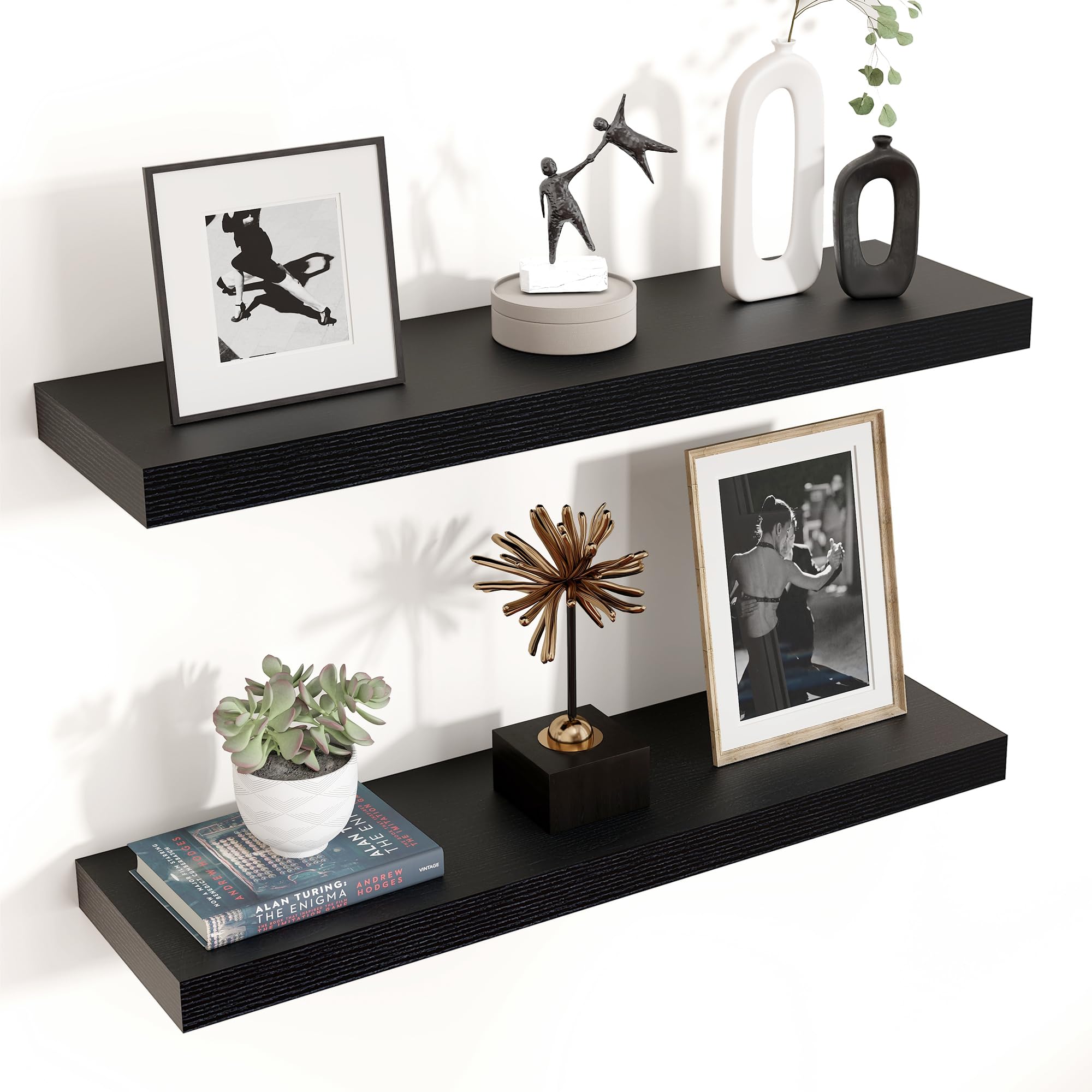 Venusmiles Floating Shelves for Wall 24 inch Long, Engineered Wood Wall Shelves with Invisible Brackets for Living Room Bedroom Bathroom Office Kitchen Decor and Storage, Oak Finish, Set of 2